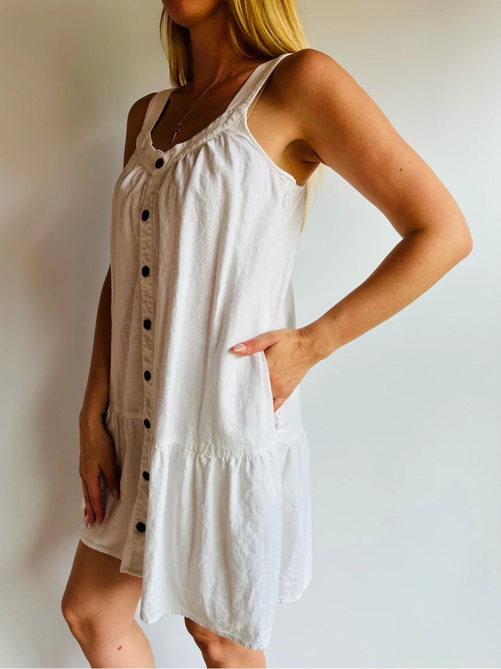 J. Crew White Button Front Swing Dress Sleeveless Cottagecore Boho Pockets Linen
